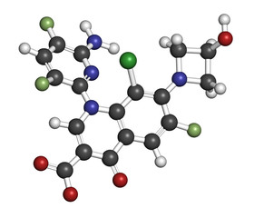 Delafloxacin antibiotic drug molecule (fluoroquinolone class). 3D rendering. Atoms are represented as spheres with conventional color coding: hydrogen (white), carbon (grey), nitrogen (blue),  etc