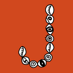 J hand drawn vector letter with eye symbols in different forms in cartoon style