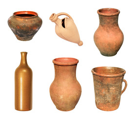 Collection of vintage amphoras, pots and bottles on an isolated bleeding background