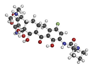 Eravacycline antibiotic drug molecule (tetracycline class). 3D rendering. Atoms are represented as spheres with conventional color coding: hydrogen (white), carbon (grey), nitrogen (blue), etc