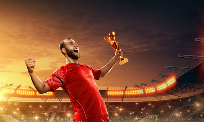 Fototapeta na wymiar Soccer player celebrates championship and holds a silverware on a stadium in front of cheering fans. Professional sports arena