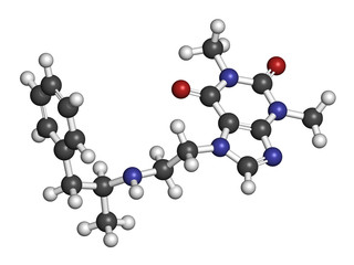 Fenetylline (fenethylline) stimulant drug molecule. 3D rendering. Atoms are represented as spheres with conventional color coding: hydrogen (white), carbon (grey), nitrogen (blue), oxygen (red).