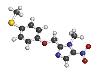 Fexinidazole antiprotozoal drug molecule. 3D rendering. Atoms are represented as spheres with conventional color coding: hydrogen (white), carbon (grey), nitrogen (blue), etc