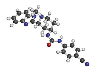 Glasdegib cancer drug molecule. 3D rendering. Atoms are represented as spheres with conventional color coding: hydrogen (white), carbon (grey), nitrogen (blue), oxygen (red).