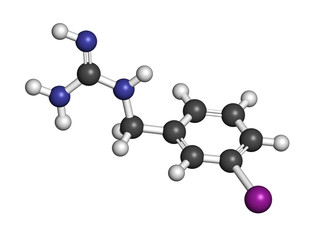 Iobenguane I-131 cancer drug molecule (radiopharmaceutical). 3D rendering. Atoms are represented as spheres with conventional color coding: hydrogen (white), carbon (grey), nitrogen (blue), etc