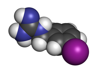 Iobenguane I-131 cancer drug molecule (radiopharmaceutical). 3D rendering. Atoms are represented as spheres with conventional color coding: hydrogen (white), carbon (grey), nitrogen (blue), etc