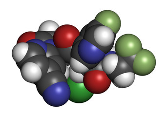 Ivosidenib cancer drug molecule. 3D rendering. Atoms are represented as spheres with conventional color coding: hydrogen (white), carbon (grey), nitrogen (blue), oxygen (red), chlorine (green), etc