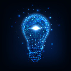 Futuristic glowing low polygonal light bulb isolated on dark blue background.