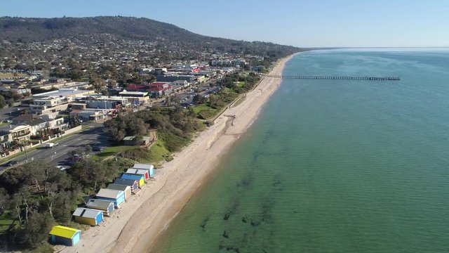 Aerial establishing shot of Dromana suburb coastline on Mornington Peninsula in Melbourne, Australia