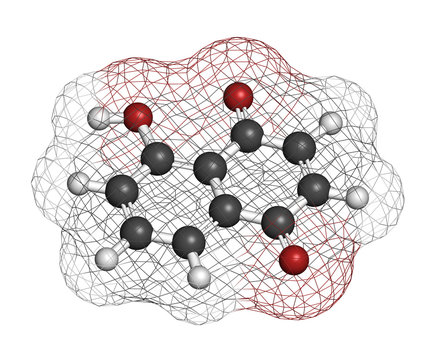Juglone walnut molecule. 3D rendering. Atoms are represented as spheres with conventional color coding: hydrogen (white), carbon (grey), oxygen (red).