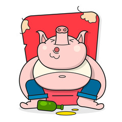 Flat Icon With Pink Pig Sleeps Chair. Vector Flat Character Design. Flat Cartoon Character Design. Design Illustration.