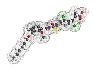 Lusutrombopag drug molecule (thrombopoietin receptor agonist). 3D rendering. Atoms are represented as spheres with conventional color coding: hydrogen (white), carbon (grey), nitrogen (blue), etc