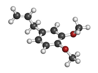 Methyl eugenol molecule. 3D rendering. Atoms are represented as spheres with conventional color coding: hydrogen (white), carbon (grey), oxygen (red).