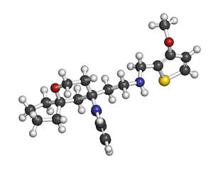 Oliceridine opioid pain drug molecule. 3D rendering. Atoms are represented as spheres with conventional color coding: hydrogen (white), carbon (grey), nitrogen (blue), oxygen (red), sulfur (yellow).