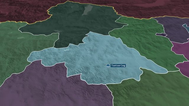 Arhangay - province of Mongolia with its capital zoomed on the administrative map of the globe. Animation 3D