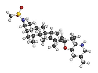 Patidegib drug molecule (hedgehog pathway inhibitor). 3D rendering. Atoms are represented as spheres with conventional color coding: hydrogen (white), carbon (grey), nitrogen (blue), etc