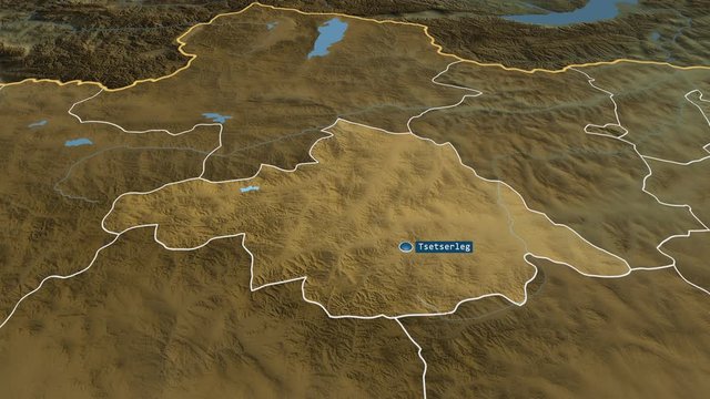 Arhangay - province of Mongolia with its capital zoomed on the physical map of the globe. Animation 3D
