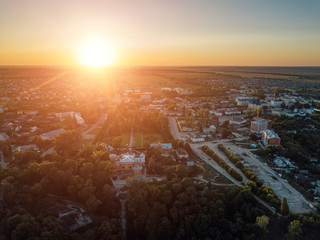 Sunset at provincial city of Ramon, Voronezh region, aerial view