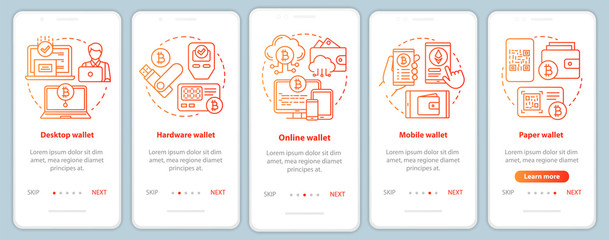 Cryptocurrency wallets types onboarding mobile app page screen with linear concepts. Electronic bitcoin currency transactions walkthrough red steps graphic instructions. UX, UI, GUI vector template
