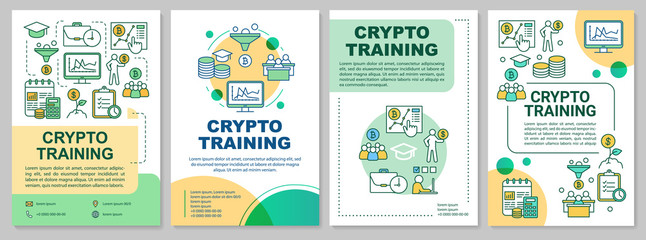 Crypto training brochure template layout. Cryptocurrency trading course. Flyer, booklet, leaflet print design with linear illustrations. Vector page layouts for magazines, reports, advertising posters