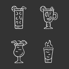 Drinks chalk icons set. Cocktail in highball glass, hot toddy, pina colada, flaming shot. Alcoholic mixes and soft drinks. Refreshing and warming beverages. Isolated vector chalkboard illustrations © bsd studio