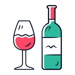 Wine color icon. Bottle and classic footed glass with red wine. Vine tasting. Alcoholic beverage from fermented grapes or fruits. Drink for dinner and party. Isolated vector illustration