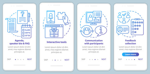 Event onboarding mobile app page screen with linear concepts. Interactive tools, communication with participants walkthrough steps graphic instructions. UX, UI, GUI vector template with illustrations