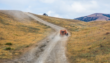 Buggy moves on a dirt dusty road © Yuri Bizgaimer