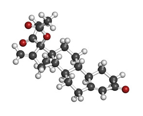 Segesterone acetate (SGA) drug molecule. 3D rendering. Atoms are represented as spheres with conventional color coding: hydrogen (white), carbon (grey), oxygen (red).
