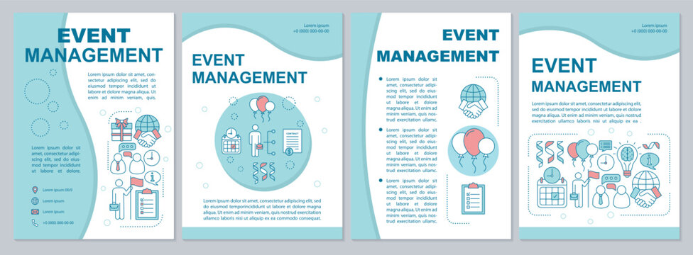 Event management brochure template layout. Corporate events industry. Flyer, booklet, leaflet print design with linear illustrations. Vector page layouts for magazines, reports, advertising posters