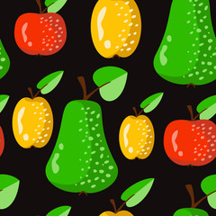 Vector seamless pattern with fresh and ripe apples, pears. Healthy fruit background, wallpaper.