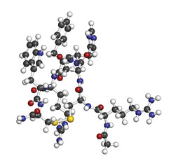 Setmelanotide drug molecule (MC4 receptor agonist). 3D rendering. Atoms are represented as spheres with conventional color coding: hydrogen (white), carbon (grey), nitrogen (blue), etc