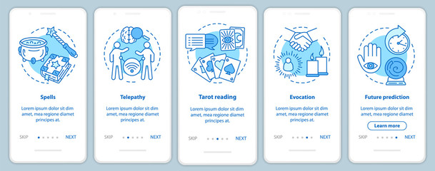 Magic services onboarding mobile app page screen with linear concepts. Telepathy, evocation, fortune telling walkthrough steps graphic instructions. UX, UI, GUI vector template with illustrations
