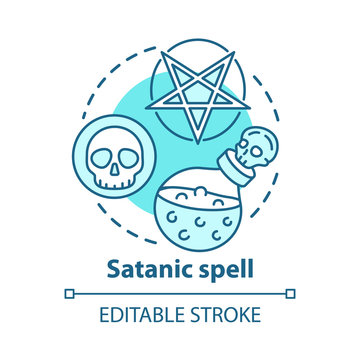 Satanic spell concept icon. Witchcraft and alchemy idea thin line illustration. Dark arts ritual, diabolic curse. Pentagram, skull and magic potion vector isolated outline drawing. Editable stroke