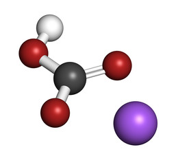Sodium bicarbonate (baking soda), chemical structure. 3D rendering. Atoms are represented as spheres with conventional color coding: hydrogen (white), carbon (grey), oxygen (red), sodium (blue).