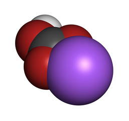 Sodium bicarbonate (baking soda), chemical structure. 3D rendering. Atoms are represented as spheres with conventional color coding: hydrogen (white), carbon (grey), oxygen (red), sodium (blue).