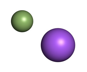 Sodium fluoride, chemical structure. 3D rendering. Atoms are represented as spheres with conventional color coding: sodium (blue), fluorine (light green).