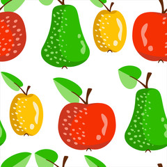 Vector seamless pattern with fresh and ripe apples, pears. Healthy fruit background, wallpaper.