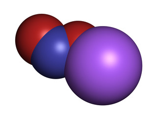 Sodium nitrite, chemical structure. Used as drug, food additive (E250), etc. 3D rendering. Atoms are represented as spheres with conventional color coding.