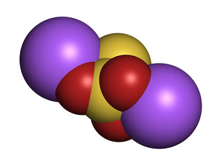Sodium thiosulfate, chemical structure. 3D rendering. Atoms are represented as spheres with conventional color coding: sulfur (yellow), oxygen (red), sodium (blue).