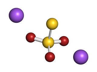 Sodium thiosulfate, chemical structure. 3D rendering. Atoms are represented as spheres with conventional color coding: sulfur (yellow), oxygen (red), sodium (blue).