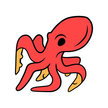 Octopus red color icon. Swimming underwater animal with eight tentacles. Seafood restaurant menu. Floating marine creature. Aquatic invertebrate mollusk. Isolated vector illustration