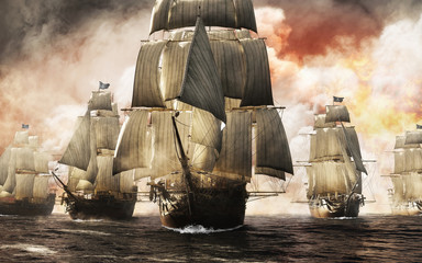 Vooraanzicht van een vloot van een raider-piratenschip die door de rook en de mist prikt na een succesvolle aanval die vernietiging achterlaat. 3D-rendering