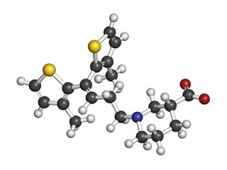 Tiagabine epilepsy drug molecule. 3D rendering. Atoms are represented as spheres with conventional color coding: hydrogen (white), carbon (grey), nitrogen (blue), oxygen (red), sulfur (yellow).
