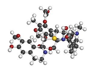 Trabectedin cancer drug molecule. 3D rendering. Atoms are represented as spheres with conventional color coding: hydrogen (white), carbon (grey), nitrogen (blue), oxygen (red), sulfur (yellow).