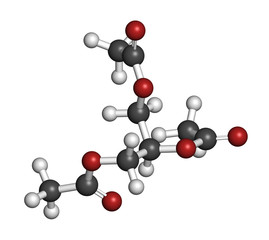 Triacetin (glycerin triacetate) molecule. 3D rendering. Atoms are represented as spheres with conventional color coding: hydrogen (white), carbon (grey), oxygen (red).
