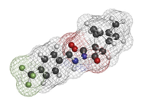 Ubrogepant migraine drug molecule (CGRP receptor antagonist). 3D rendering. Atoms are represented as spheres with conventional color coding: hydrogen (white), carbon (grey), nitrogen (blue), etc