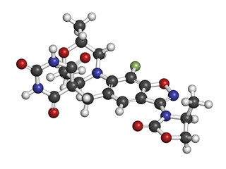Zoliflodacin antibiotic drug molecule. 3D rendering. Atoms are represented as spheres with conventional color coding: hydrogen (white), carbon (grey), nitrogen (blue), etc