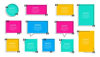 Quote box frame, big set. Quote box icon. Texting quote boxes. Blank template quote text info design boxes quotation bubble blog quotes symbols. Creative vector banner illustration. - obrazy, fototapety, plakaty