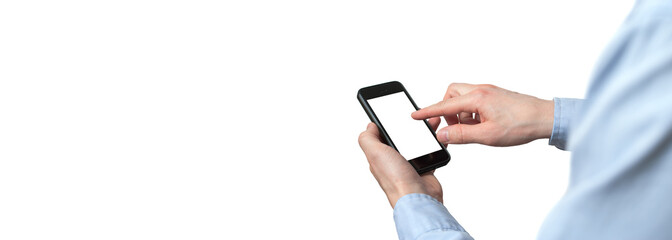 Hand holding and Touch on Black Smartphone with blank screen on white background.